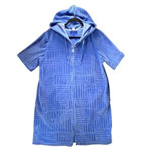 Stan Herman Womens Hooded Full Zip Bath Robe PL Blue Plush Pockets Short Sleeve